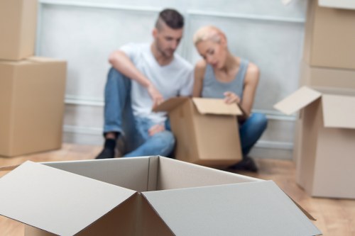 Boxes, desks, and business assets organized for relocation